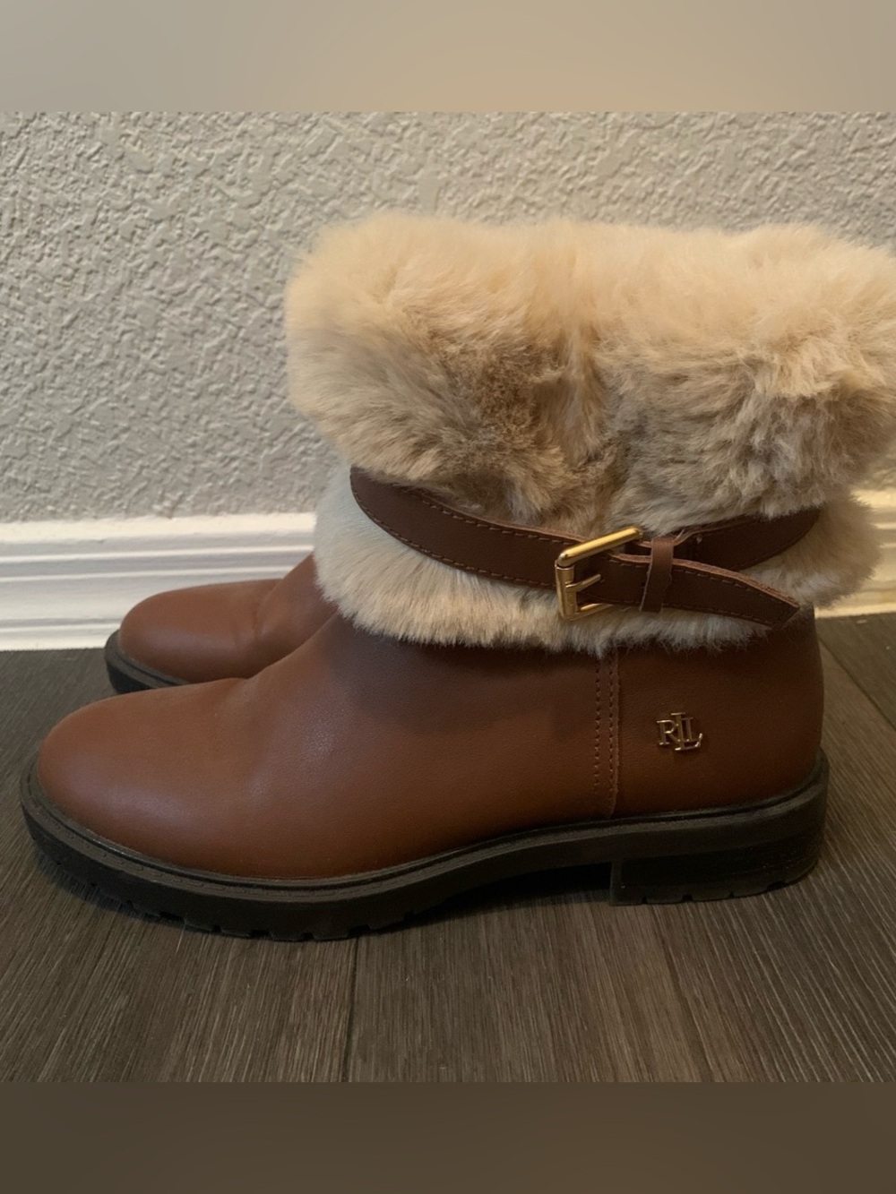 Ralph Lauren Tan Leather Ankle Boots with Cream Faux-Fur Cuff